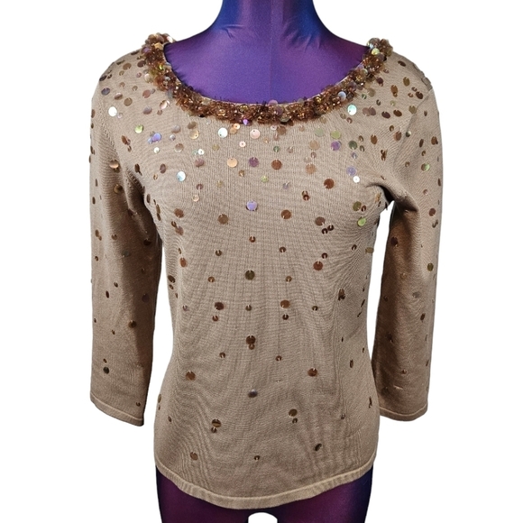 Talbots Taupe Silk Blend Sequin‎ 3/4 Sleeve Blouse Size Small Women's - Picture 1 of 8